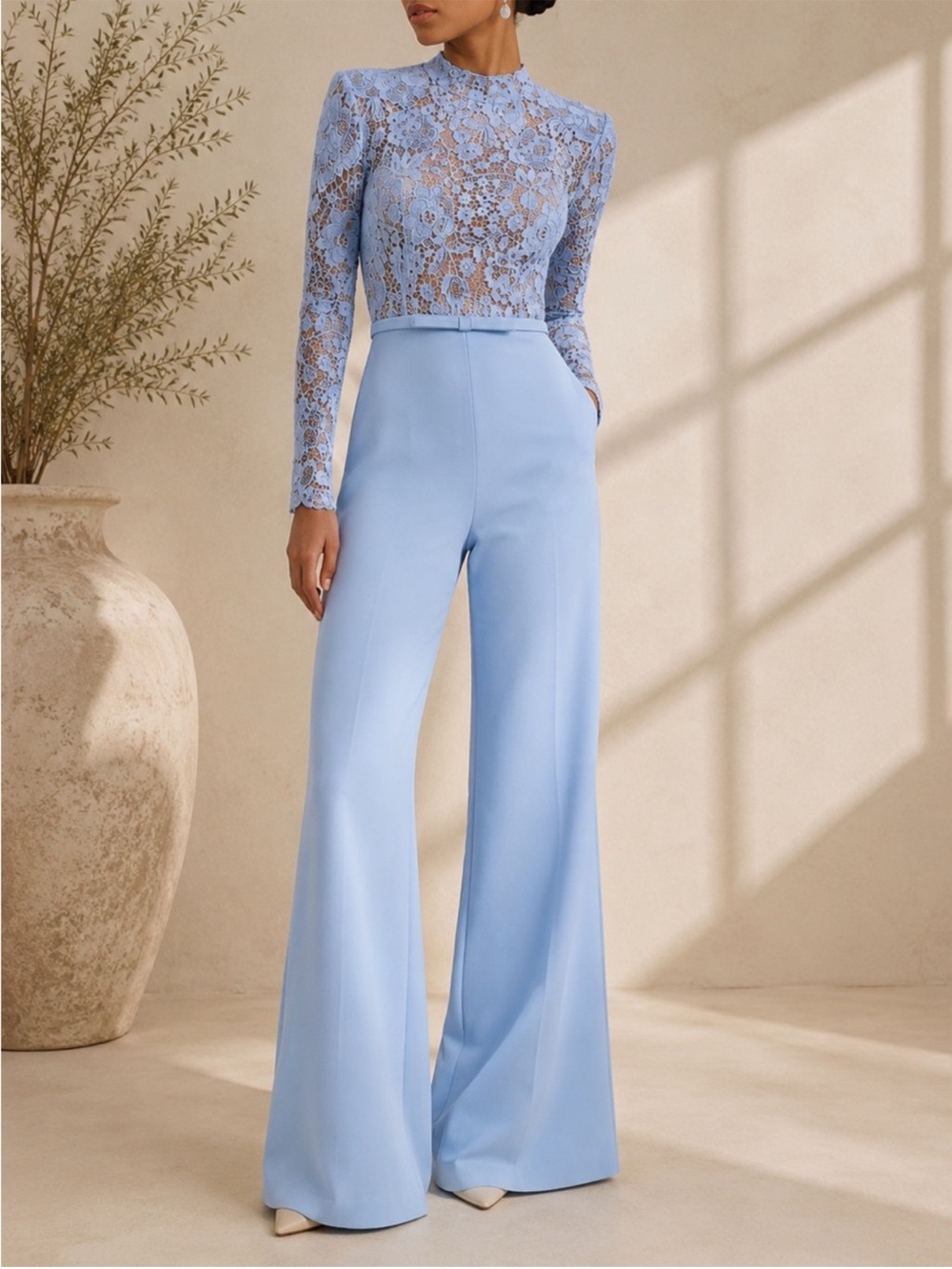 NADINE MERABI Maddie Lace Long Sleeve Wide Leg Jumpsuit Light/ Pastel Blue